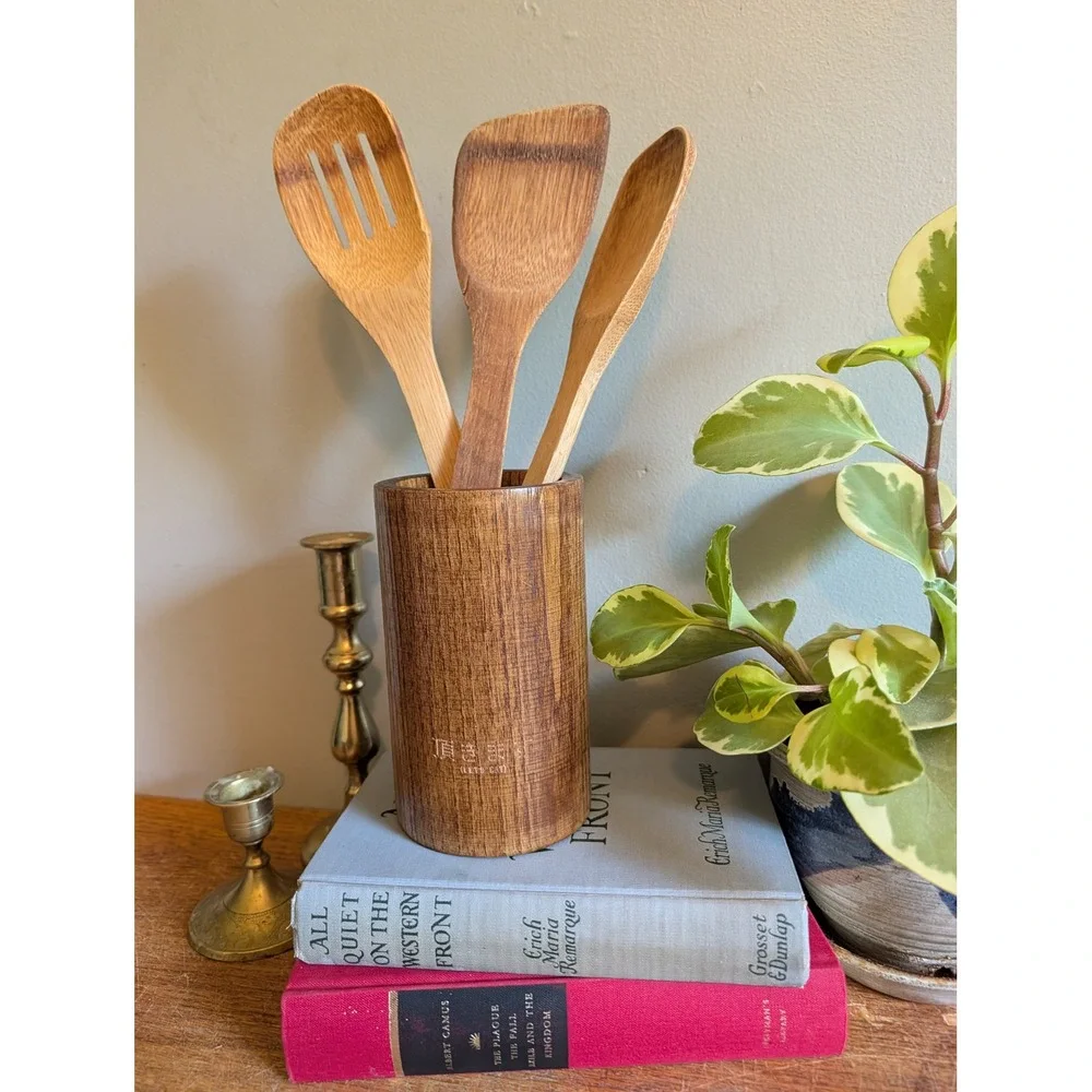 Vintage 1960s Wooden Utensil Holder Lets Eat Itadakimasu Mid Century Modern